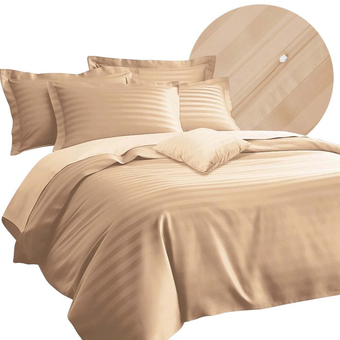 Pościel BAMBOO STRIPE BEIGE Darymex – widok kompletu i detal tkaniny
