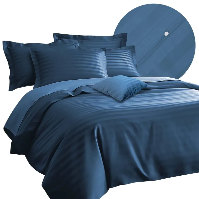 Pościel BAMBOO STRIPE CORNFLOWER Darymex – widok kompletu i detal tkaniny