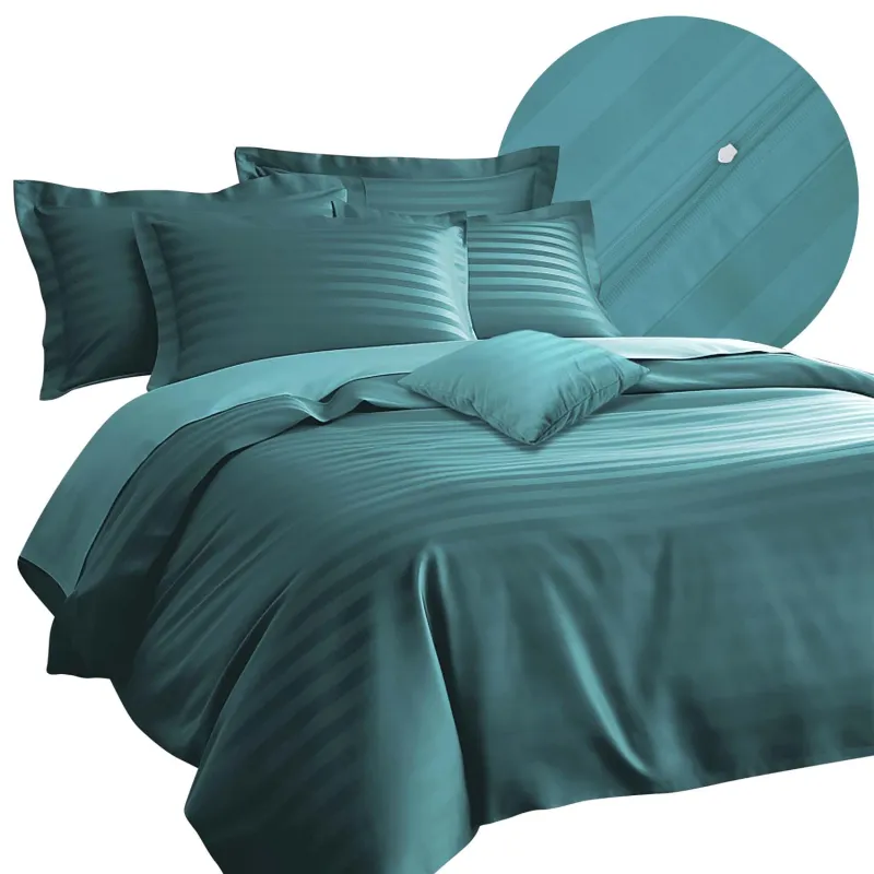Pościel BAMBOO STRIPE SEA TURQUOISE Darymex – widok kompletu i detal tkaniny