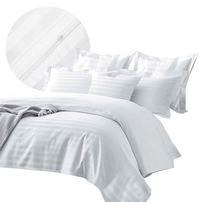 Pościel BAMBOO STRIPE WHITE Darymex – widok kompletu i detal tkaniny