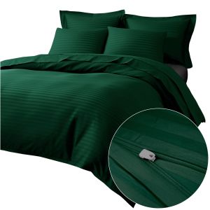 Pościel EXCLUSIVE CIZGILI DARK GREEN Darymex – widok kompletu i detal tkaniny