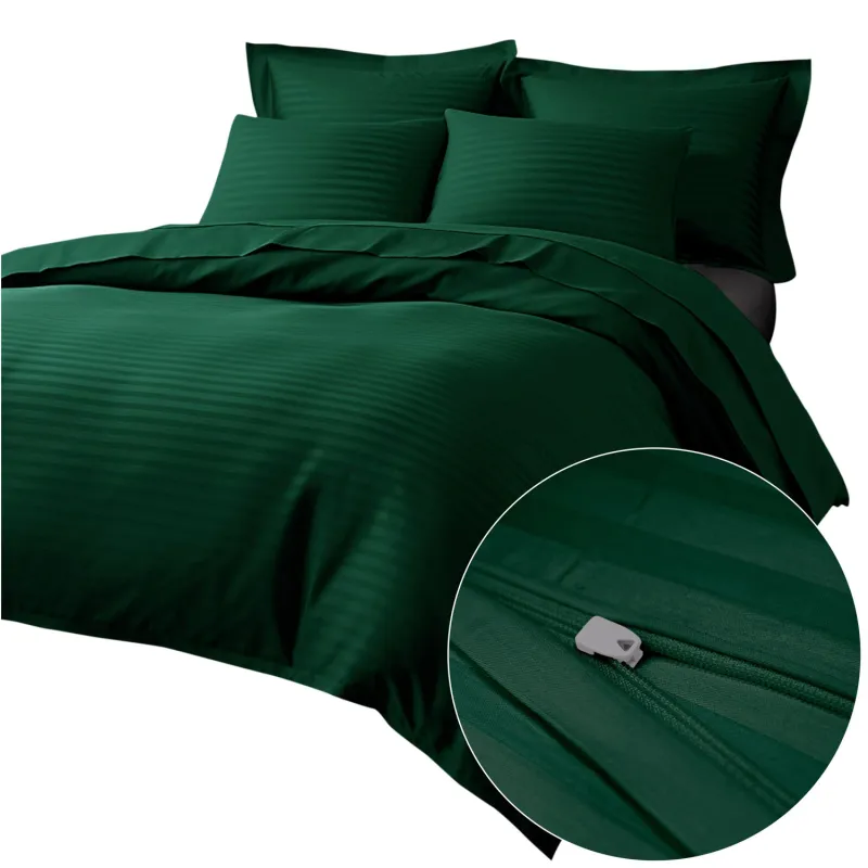 Pościel EXCLUSIVE CIZGILI DARK GREEN Darymex – widok kompletu i detal tkaniny