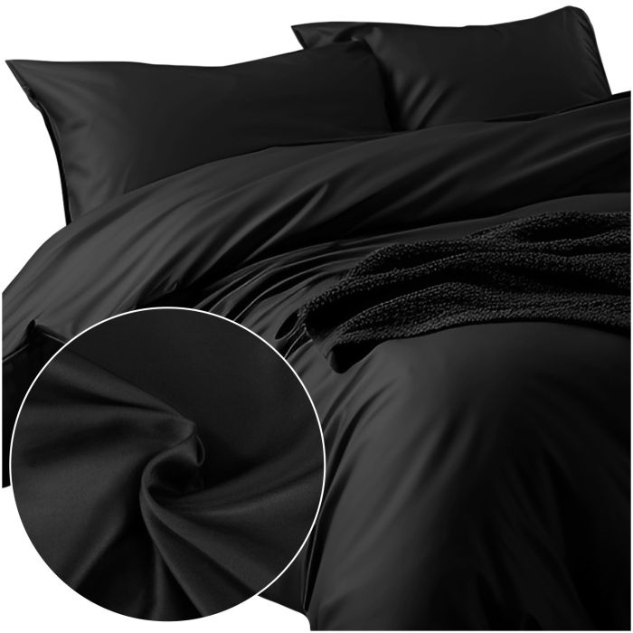 Pościel SATYNLOVE CLASSIC CZARNY 04000966 Darymex – widok kompletu i detal tkaniny