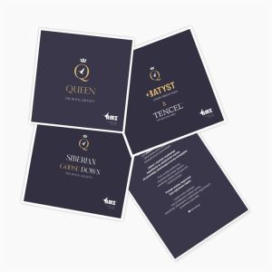 Etykiety kolekcji QUEEN AMZ z oznaczeniem puchu syberyjskiego oraz poszycia Tencel i batyst