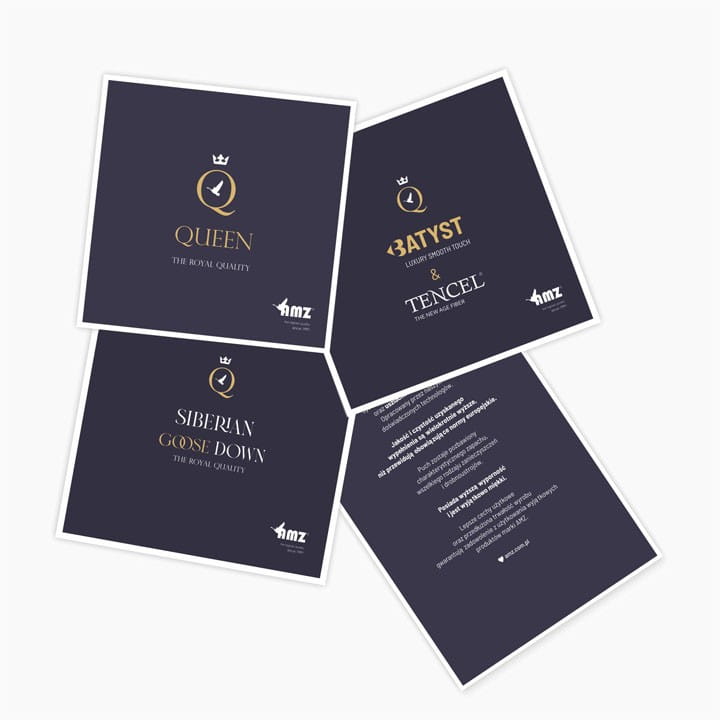 Etykiety kolekcji QUEEN AMZ z oznaczeniem puchu syberyjskiego oraz poszycia Tencel i batyst