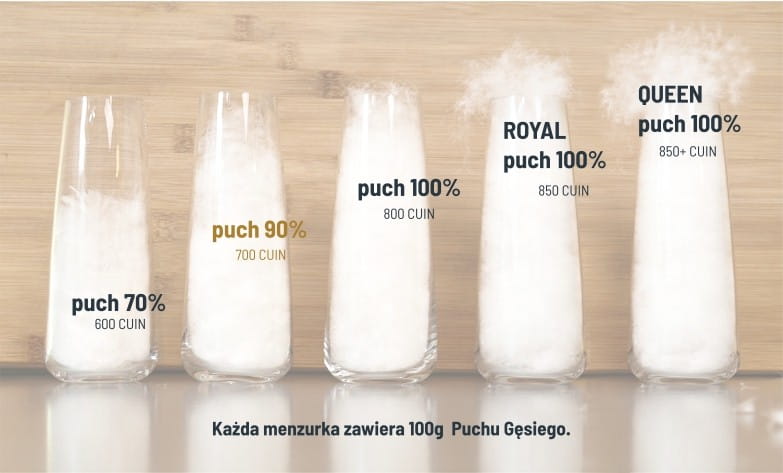 Wypełnienia puchowe AMZ – porównanie objętości