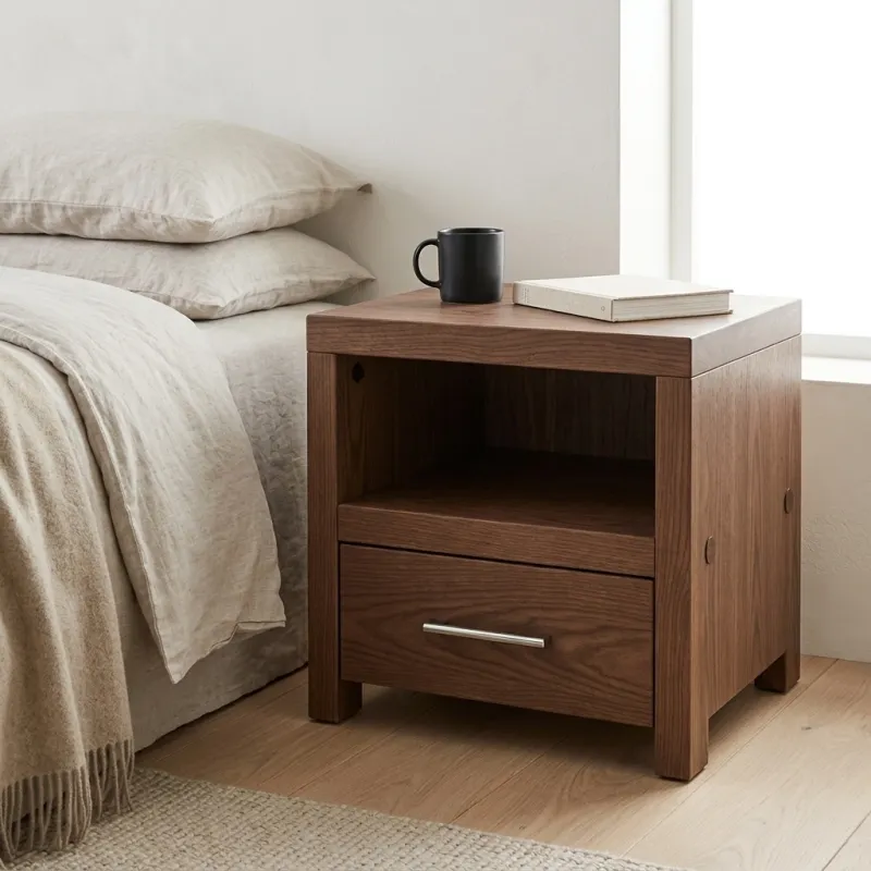 Szafka nocna LOTUS wenge z widoczną półką i metalowym uchwytem