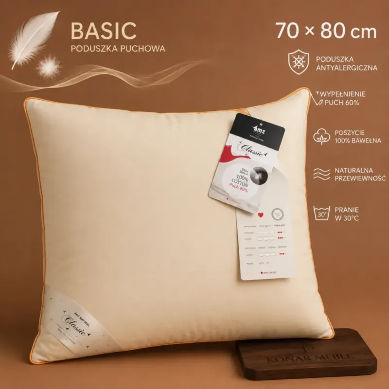 Poduszka BASIC z wypełnieniem puchowym 70x80 AMZ z 70% puchu gęsiego+ bawełnianym inletem