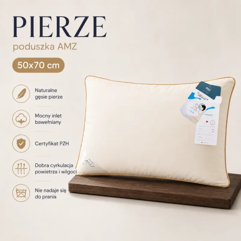 Poduszka Pierze AMZ – kremowa poduszka z etykietami na planszy Pierze 50 × 70 cm
