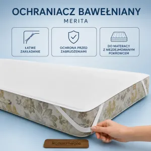 Bawełniany ochraniacz Merita zamocowany gumkami na rogach materaca