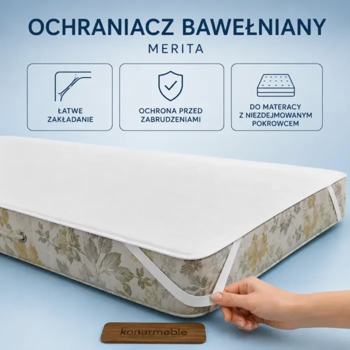 Bawełniany ochraniacz Merita zamocowany gumkami na rogach materaca