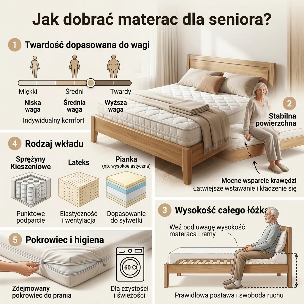 Jak dobrać materac dla seniora – twardość, wysokość, stabilność, rodzaj wkładu i pokrowiec