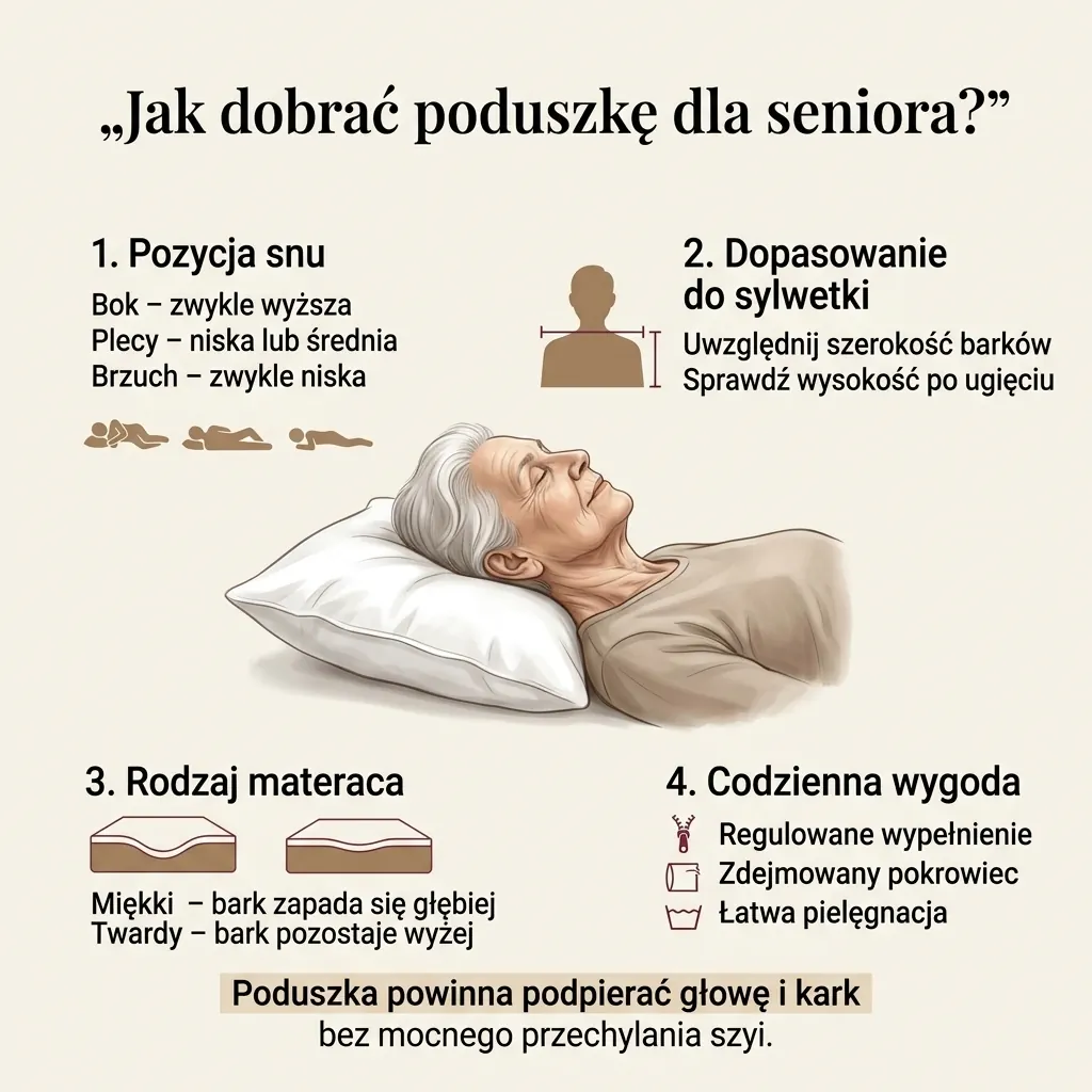 Jak dobrać poduszkę dla seniora według pozycji snu, wysokości, sprężystości i pielęgnacji