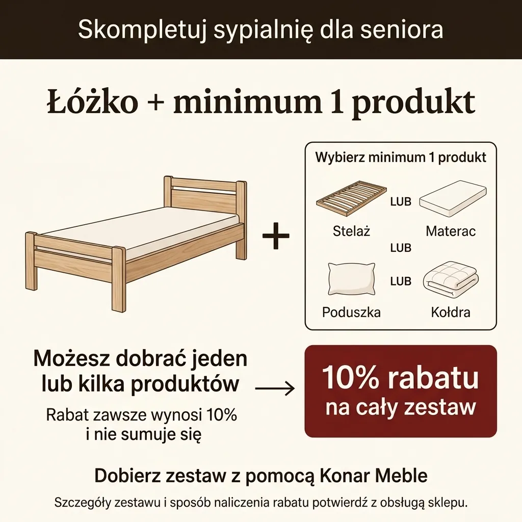 Rabat 10% na łóżko połączone ze stelażem, materacem, poduszką lub kołdrą dla seniora