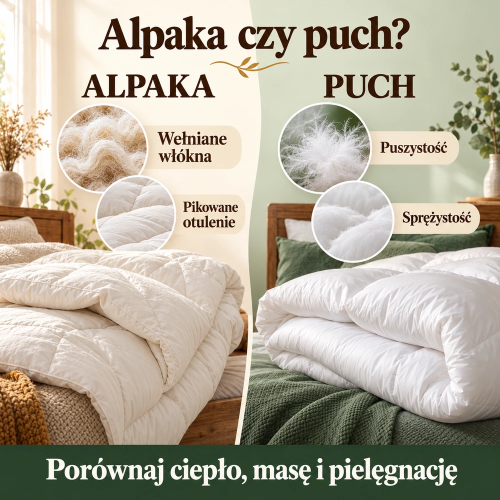 Porównanie włókien alpaki i puchu oraz dwóch białych kołder.