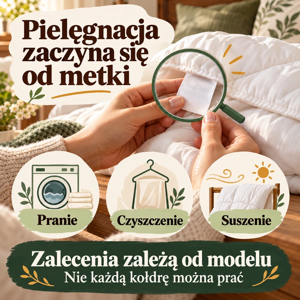 Dłonie sprawdzające metkę białej kołdry oraz wskazówki dotyczące prania, czyszczenia i suszenia.