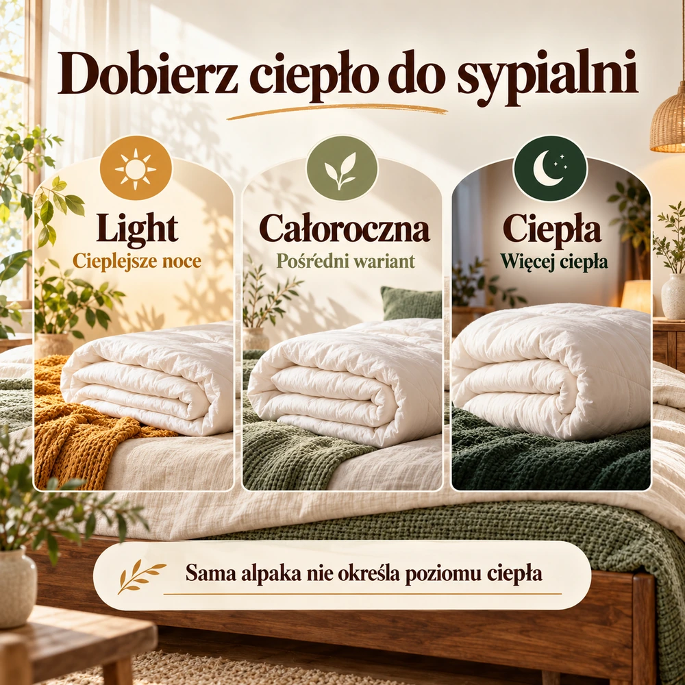 Trzy warianty cieplne kołdry: light, całoroczna i ciepła, na tle sypialni.