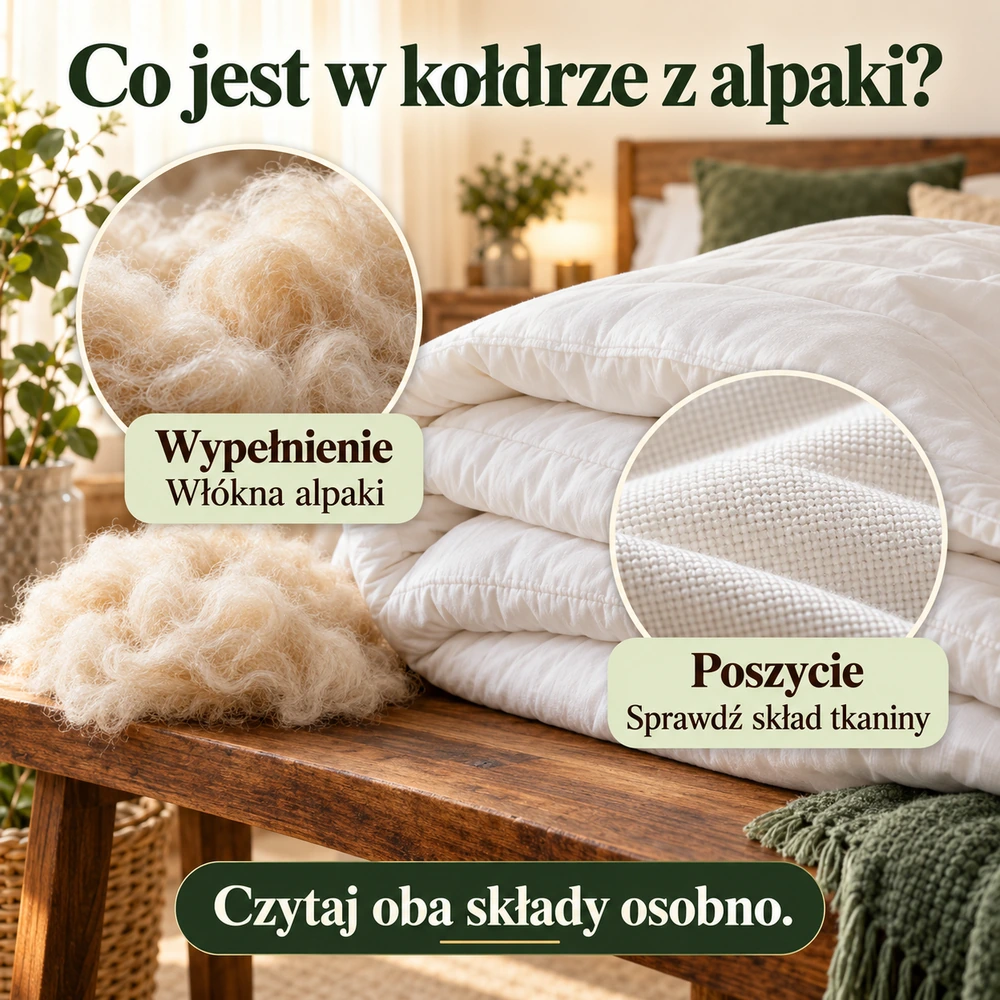 Biała kołdra, włókna alpaki i zbliżenie tkaniny poszycia na drewnianej ławce.