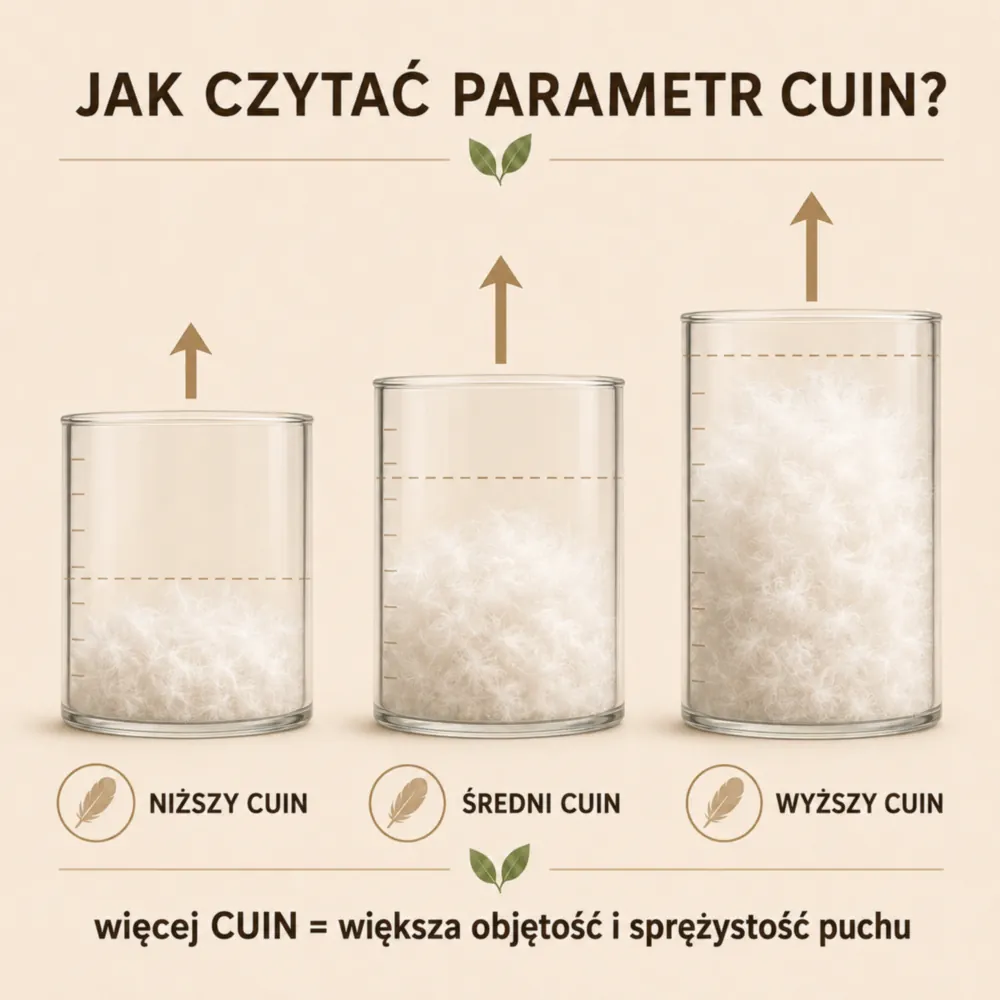 Infografika wyjaśniająca fill power CUIN i objętość puchu