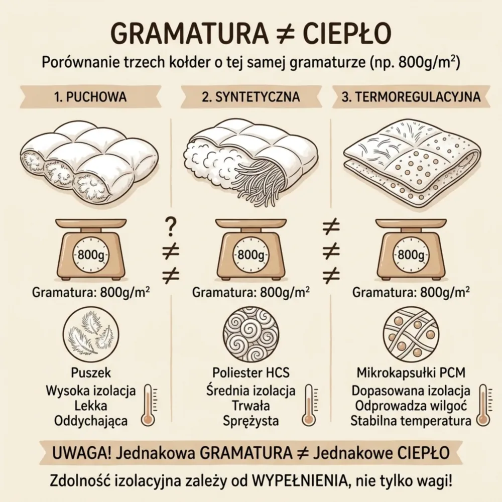 Infografika wyjaśniająca jak interpretować gramaturę kołdry letniej
