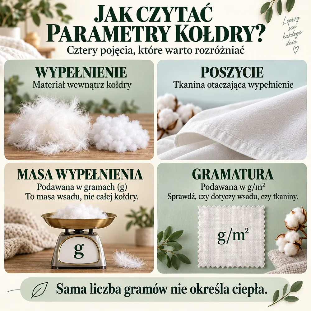 Parametry kołdry: wypełnienie wewnątrz, poszycie na zewnątrz oraz różnica między masą wsadu w gramach a gramaturą w g/m²