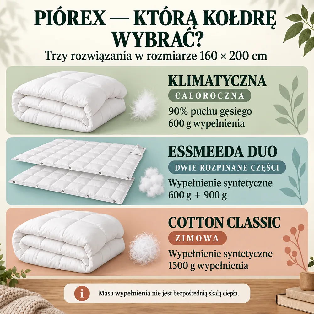 Trzy rozwiązania Piórex w rozmiarze 160 × 200: całoroczna Klimatyczna, rozpinana Essmeeda DUO i zimowa Cotton Classic