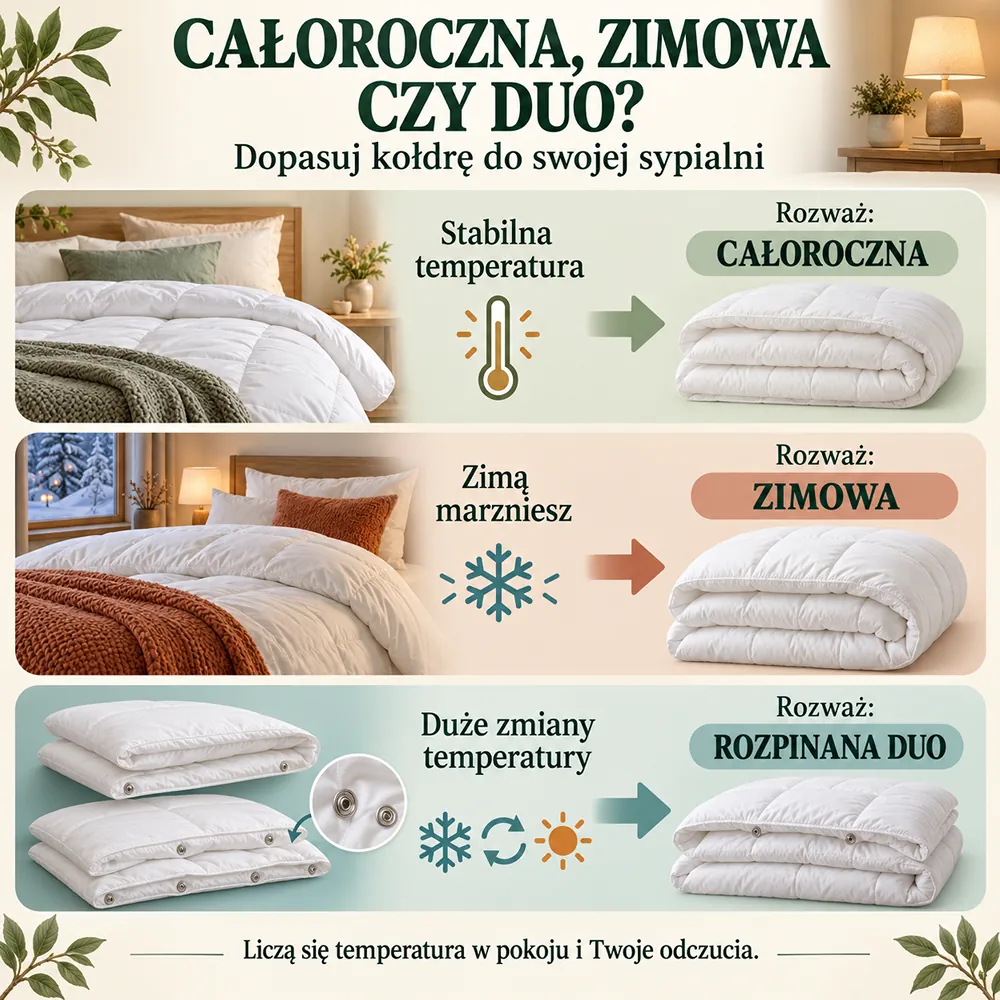 Wybór kołdry: całoroczna przy stabilnej temperaturze, zimowa gdy marzniesz, rozpinana DUO przy zmianach temperatury