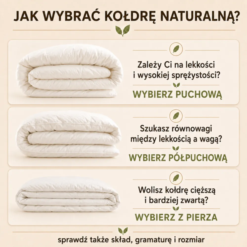 Infografika pomagająca wybrać kołdrę puchową, półpuchową lub z pierza