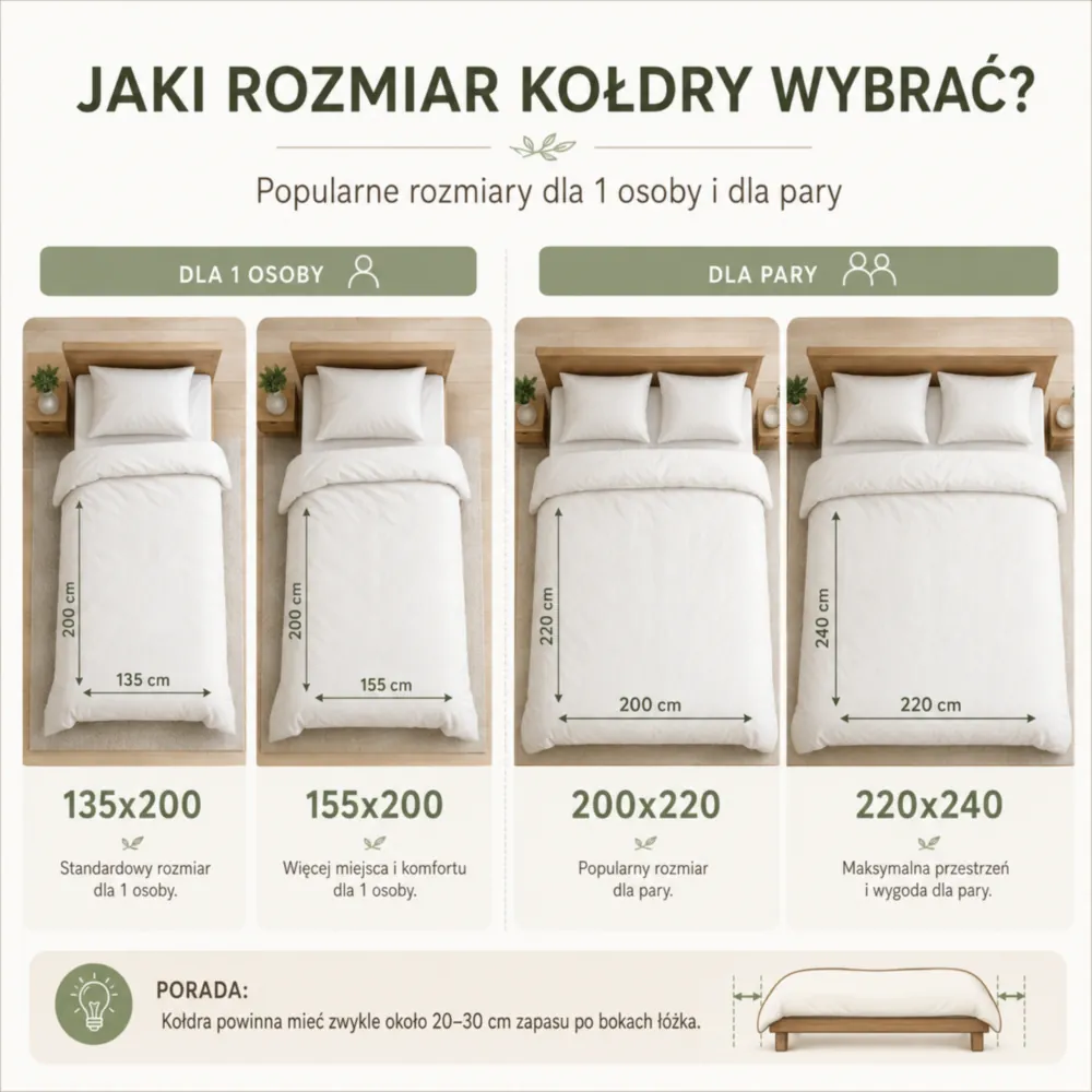 Infografika z popularnymi rozmiarami kołder dla jednej osoby i pary
