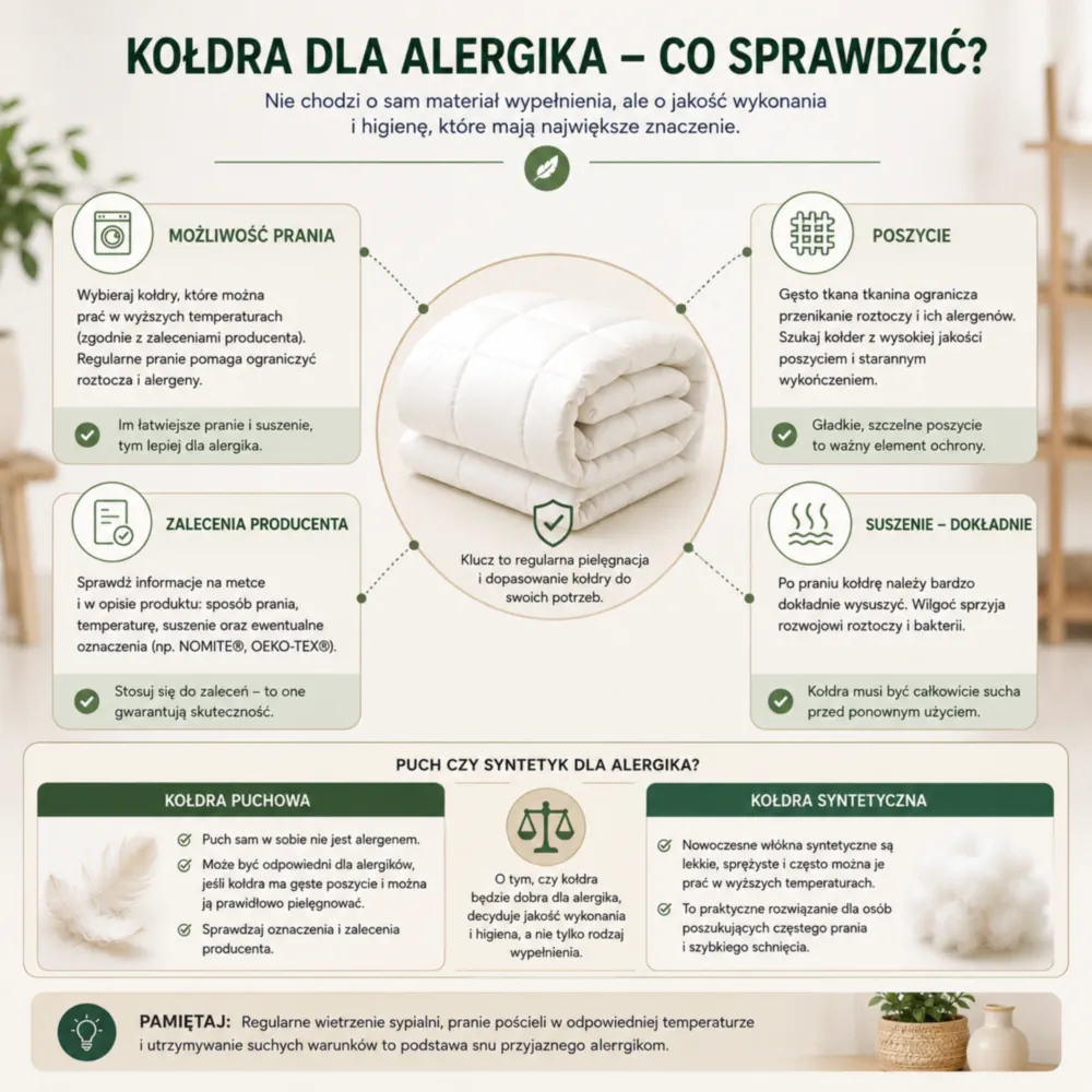 Infografika wyboru kołdry dla alergika z porównaniem prania, poszycia i rodzaju wypełnienia