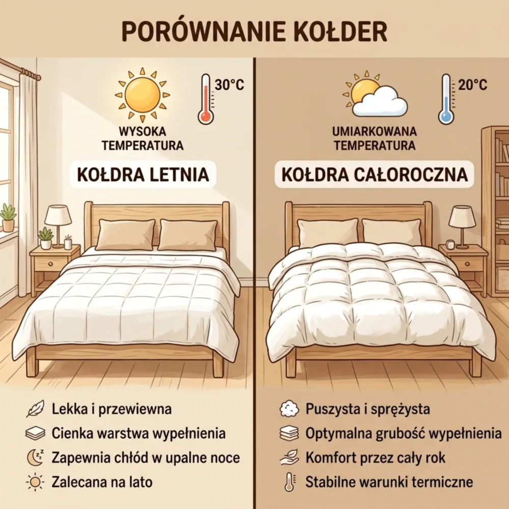 Porównanie kołdry letniej i całorocznej w ciepłej sypialni