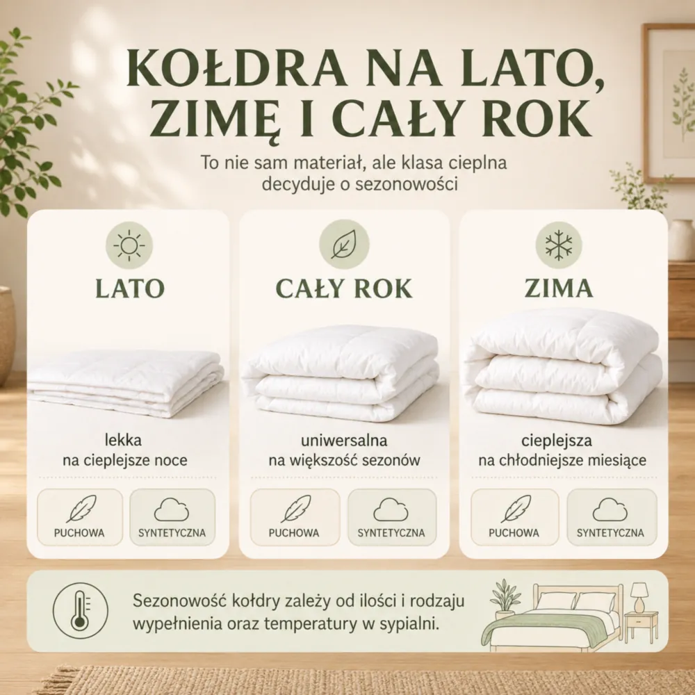 Infografika pokazująca kołdrę letnią, całoroczną i zimową w wersji puchowej i syntetycznej