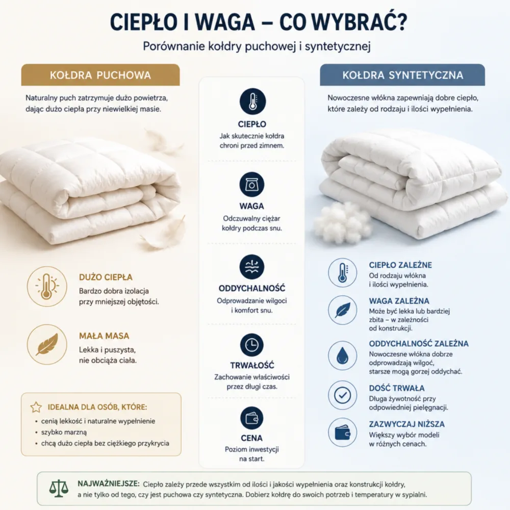 Infografika porównująca ciepło i wagę kołdry puchowej oraz syntetycznej
