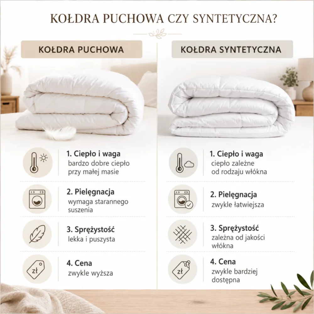 Infografika porównująca kołdrę puchową i syntetyczną pod względem ciepła, wagi, pielęgnacji i ceny