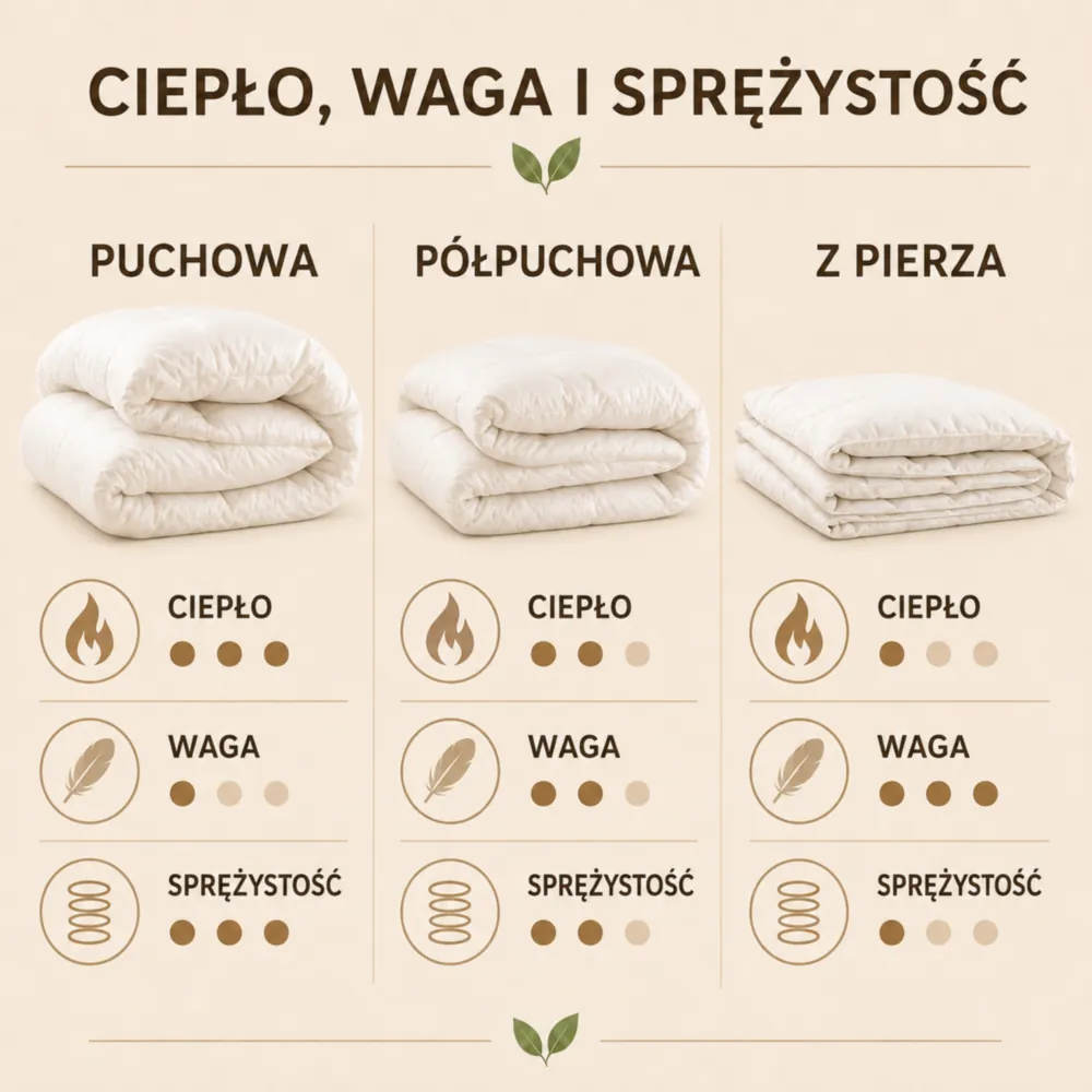 Infografika porównująca ciepło, wagę i sprężystość kołdry puchowej, półpuchowej i z pierza