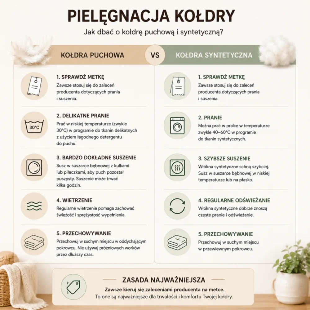 Infografika pielęgnacji kołdry puchowej i syntetycznej z praniem, suszeniem i wietrzeniem