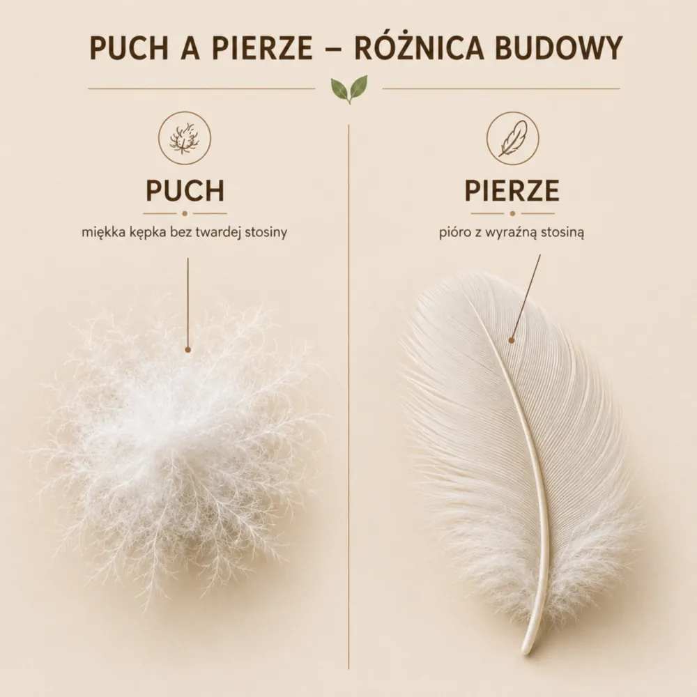 Porównanie struktury lekkiej kępki puchowej i pióra ze stosiną