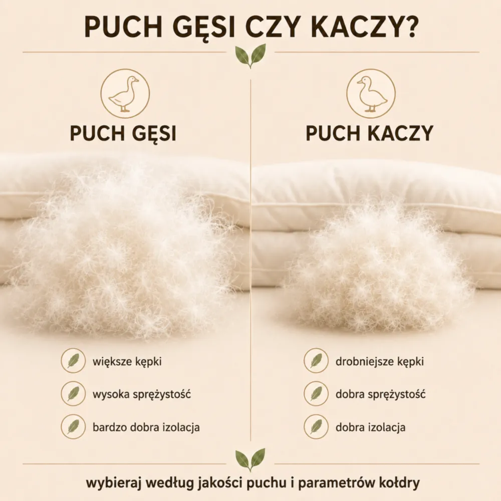 Infografika porównania puchu gęsiego i kaczego z listą parametrów do sprawdzenia