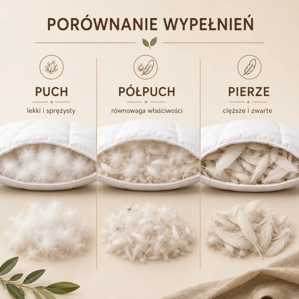 Infografika porównująca puch, półpuch i pierze w kołdrach
