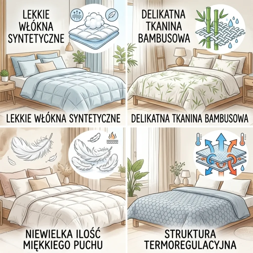 Porównanie wypełnień kołdry na lato: syntetycznego, bambusowego, puchowego i termoregulacyjnego