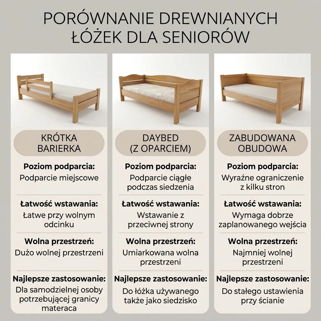 Infografika porównująca barierkę, boczne oparcie i zabudowany bok łóżka dla seniora