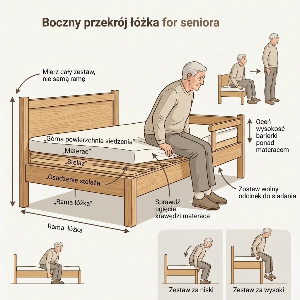 Infografika pokazująca zależność między ramą, stelażem, materacem i pozycją siedzącą seniora