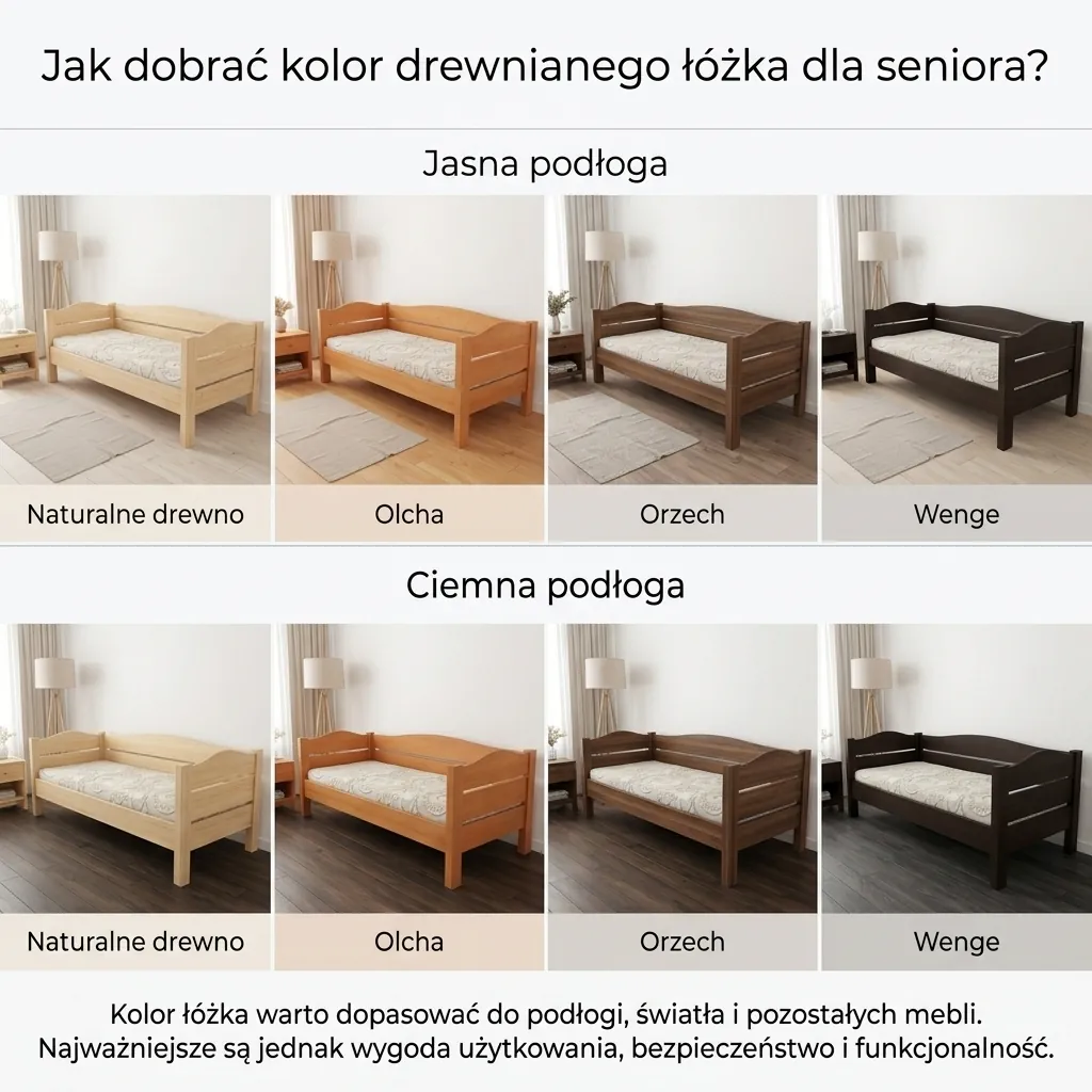 Porównanie kolorów drewnianego łóżka dla seniora przy jasnej i ciemnej podłodze