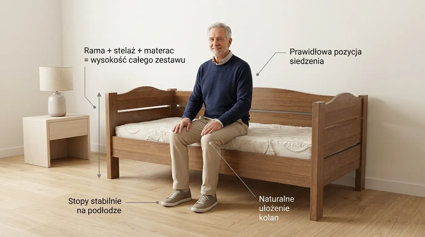 Drewniane łóżko dla seniora w jasnej sypialni z wygodnym dojściem z boku