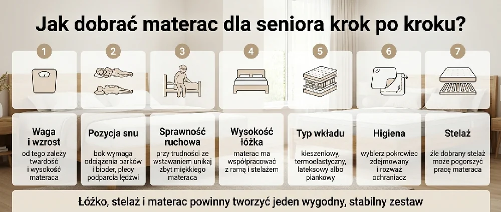 Infografika jak dobrać materac dla seniora krok po kroku