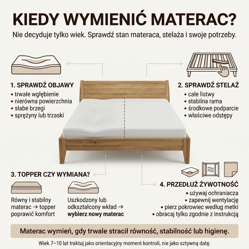 Infografika kiedy wymienić materac – objawy zużycia, kontrola stelaża, topper lub nowy materac