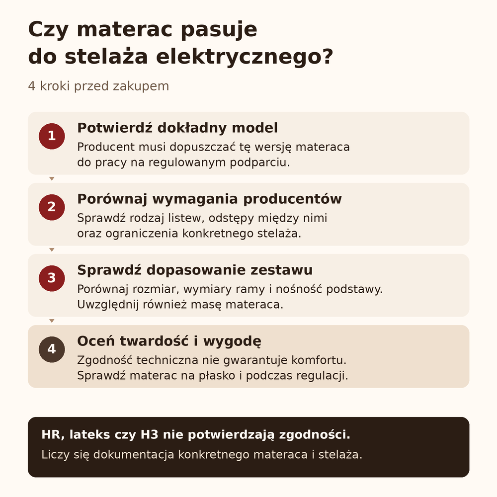 Cztery kroki doboru materaca do stelaża elektrycznego: dopuszczenie modelu, wymagania producentów, dopasowanie zestawu i wygoda