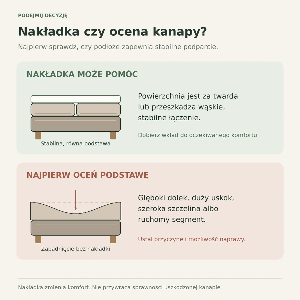 Porównanie stabilnej kanapy z nakładką i zapadniętego siedziska wymagającego oceny.