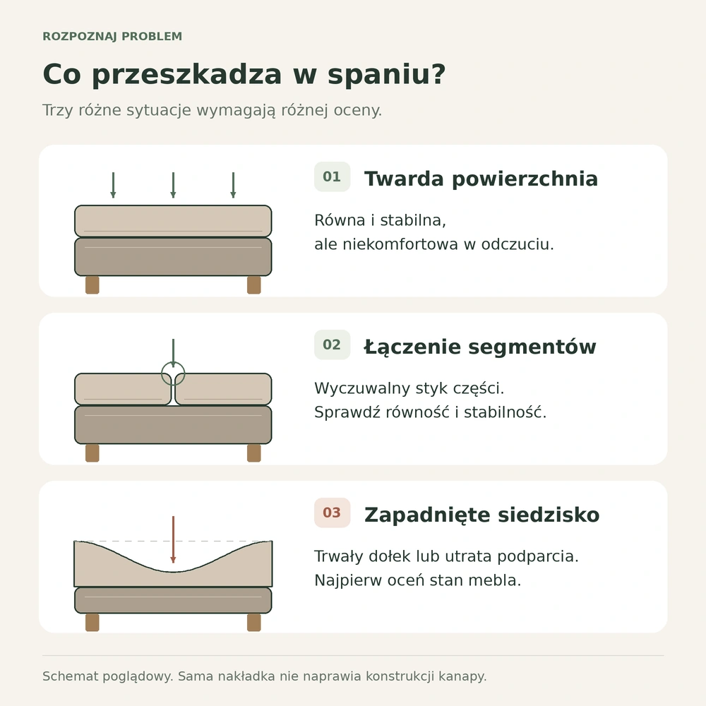 Trzy schematy kanapy: twarda powierzchnia, łączenie segmentów i zapadnięte siedzisko.