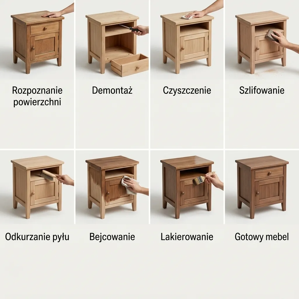 Infografika przedstawiająca kolejne etapy lakierowania mebli drewnianych